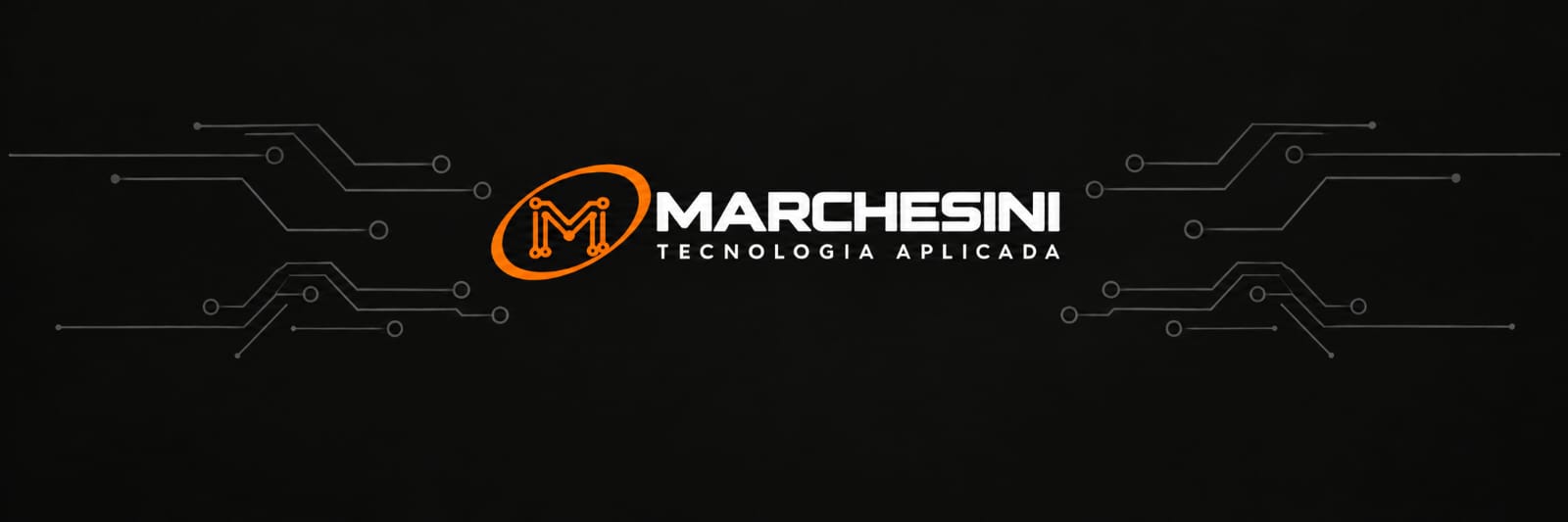 Marchesini Tecnologia Aplicada: símbolo M em circuito dentro de uma órbita, conectado a trilhas eletrônicas